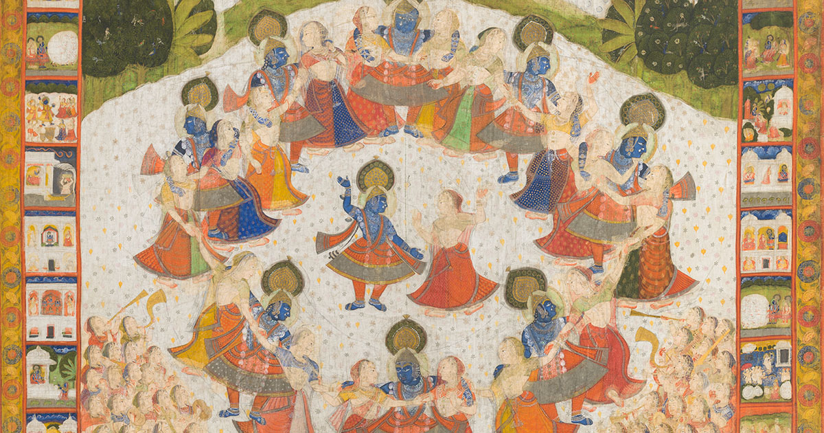 Krishna Dances with the Cowherd Women, circa 1850–1900, India; Rajasthan, Nathadwara, opaque watercolors, gold, and silver on cotton, Cincinnati Art Museum; Alice Bimel Endowment for Asian Art, 2018.115
