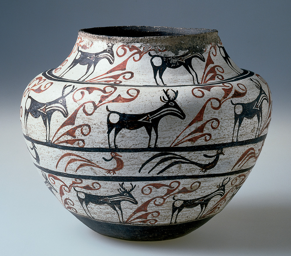 Water Jar (Olla), Zuni Pueblo/New Mexico/United States, circa 1875, earthenware, white slip, pigments, Gift of the Women’s Art Museum Association, 1885.48. Currently on display in Gallery 216.
