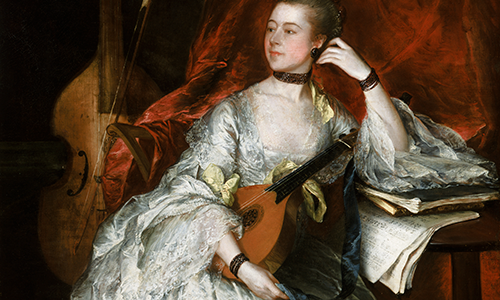 painting of a woman in a white gown holding a lute and sitting at a desk