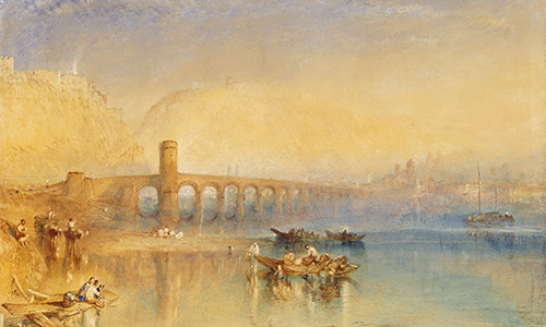 A landscape painting of a bridge over water and several boats