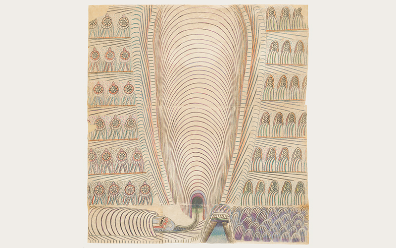Martín Ramírez (American, born in Mexico, 1895–1963), Untitled, Super Chief, 1954, graphite pencil and pastel (est.) on paper, 55 9/16 x 51 1/2 in. (141.2 x 130.8 cm), Collection of Richard Rosenthal, © Estate of Martín Ramírez courtesy of the Ricco/Maresca Gallery