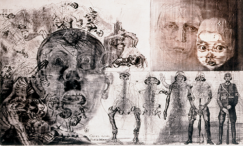 several drawings of distorted human figures and faces