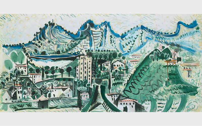 Pablo Picasso (Spanish, 1881-1973) Landscape of Mougins II , May 5, 1965 Oil on canvas 38 3/16 x 76 5/8 inches Pinakothek der Moderne, Munich, 13718 Image © Blauel Gnamm – ARTOTHEK © 2023 Estate of Pablo Picasso / Artists Rights Society (ARS), New York Courtesy American Federation of Arts