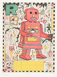 Tony Fitzpatrick (b. 1958), United States, “R” from Max and Gaby’s Alphabet, 1999, color etching and aquatint, Gift of Kevin D. Ott, 2013.45:18, © 1999 Tony Fitzpatrick