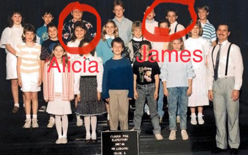 5th grade class photo, with Alicia and James circled