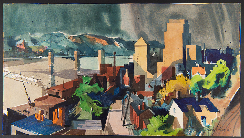 Laurence Sisson (American, 1928–2015), Cincinnati Skyline and Ohio River, 1954, watercolor, gouache and pen and black ink, Bequest of Virginia W. Brooks