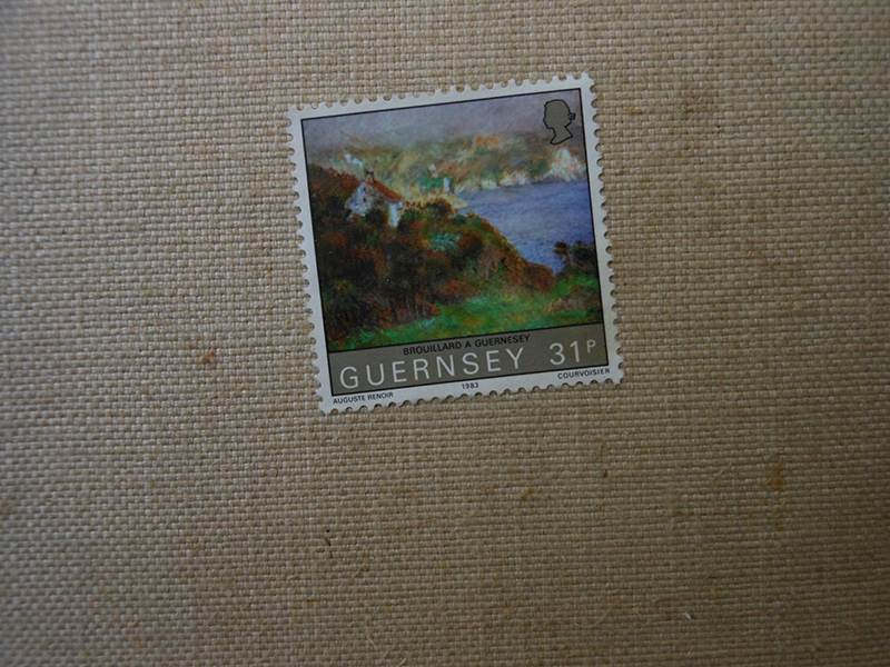 A closer look shows that the stamp was issued by the Isle of Guernsey in the amount of 31 pence. And not only that, but CAM’s painting is printed on the stamp!