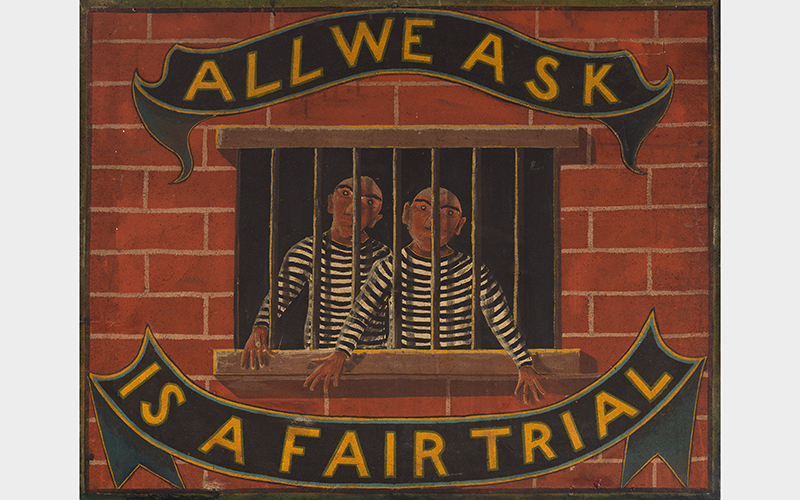 Unidentified American Artist, All We Ask Is a Fair Trial, late 19th–early 20th century, oil on canvas mounted on wood panel, 36 x 46 in. (91.4 x 116.8 cm), Collection of Richard Rosenthal