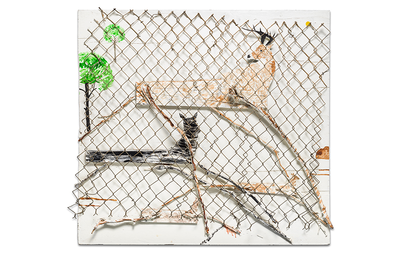 Ronald Lockett (American, 1965–1998), Traps, circa 1989, wire, painted wood, chain-link fencing, found sticks, cut sheet metal, and nails, 49 x 54 x 4 in. (124.5 x 137.2 x 10.2 cm), Collection of Richard Rosenthal, © 2022 Estate of Ronald Lockett / Artists Rights Society (ARS), New York