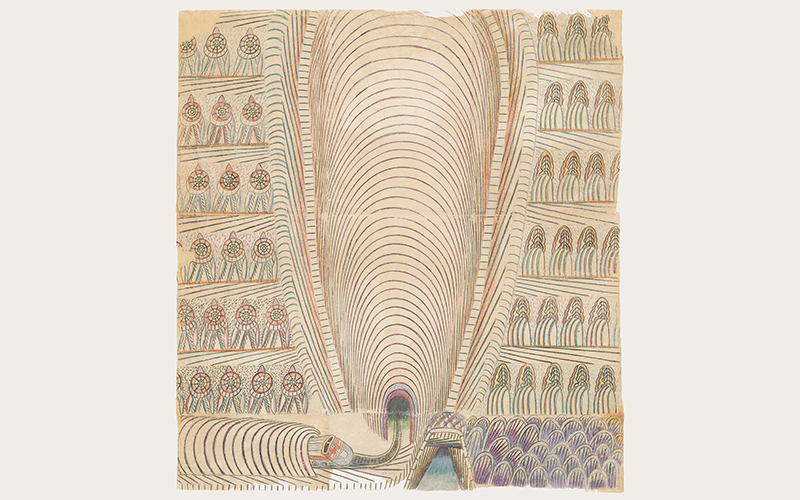 Martín Ramírez (American, born in Mexico, 1895–1963), Untitled, Super Chief, 1954, graphite pencil and pastel (est.) on paper, 55 9/16 x 51 1/2 in. (141.2 x 130.8 cm), Collection of Richard Rosenthal, © Estate of Martín Ramírez courtesy of the Ricco/Maresca Gallery
