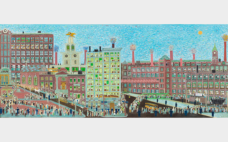 Ralph Fasanella (American, 1914–1997), Meeting at the Commons—Lawrence 1912, 1977, oil on canvas, 50 x 120 in. (127 x 304.8 cm), Collection of Richard Rosenthal, © Estate of Ralph Fasanella