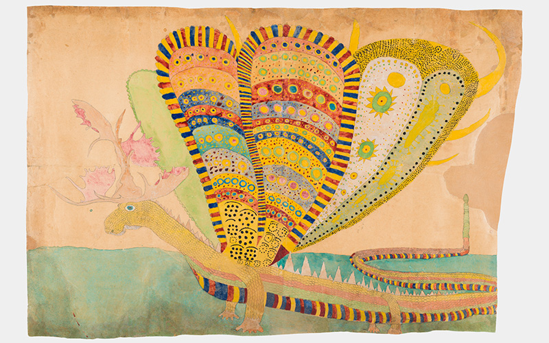 Henry Darger (American, 1892–1973), Blengin, circa 1920–30, watercolor, graphite pencil, blue carbon paper transfer on paper, 23 1/2 x 34 15/16 in. (59.7 x 88.7 cm), Collection of Richard Rosenthal, © Estate of Henry Darger, Artists Rights Society (ARS), New York