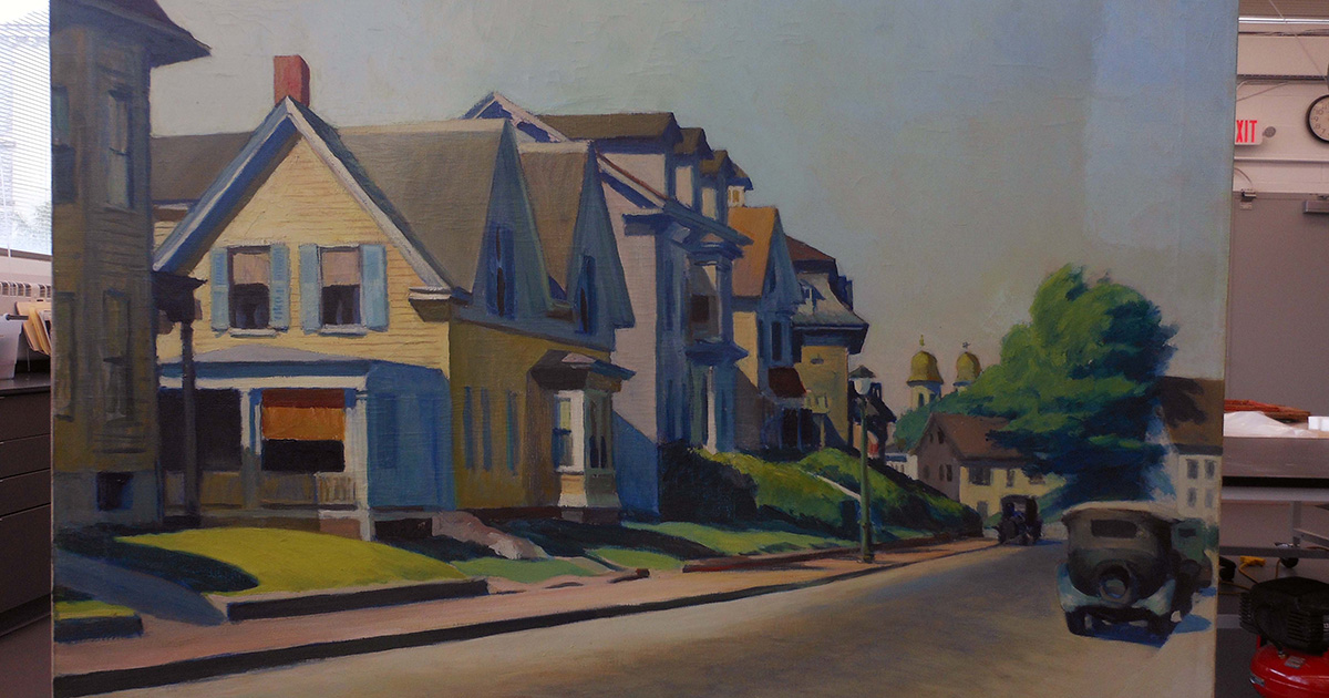 Edward Hopper (American, 1882–1967), Sunset on Prospect Street (Gloucester, Massachusetts), 1934, oil on canvas, The Edwin and Virginia Irwin Memorial, 1959.49