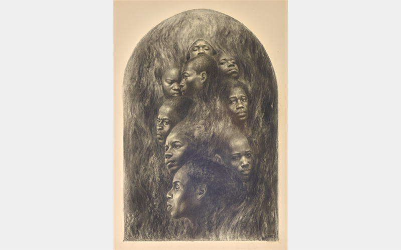 Charles White (American, 1918–1979), J’Accuse #2, 1965, charcoal on paper, 32 ¼ x 22 ¾ in. (82 x 57.8 cm), Primas Family Collection, © The Charles White Archive