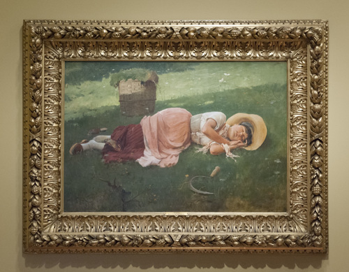 Frank Duveneck’s Siesta, painting of a woman taking a nap in a field