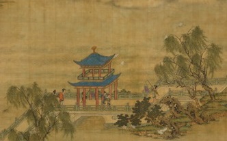 Spring Morning in the Han Palace (detail), painting of a Chinese building and trees