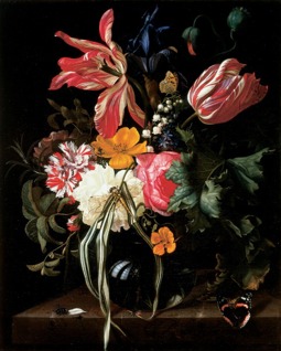 Maria van Oosterwijck’s Flower Still Life, a dimly lit painting of various colorful flowers sitting on a table