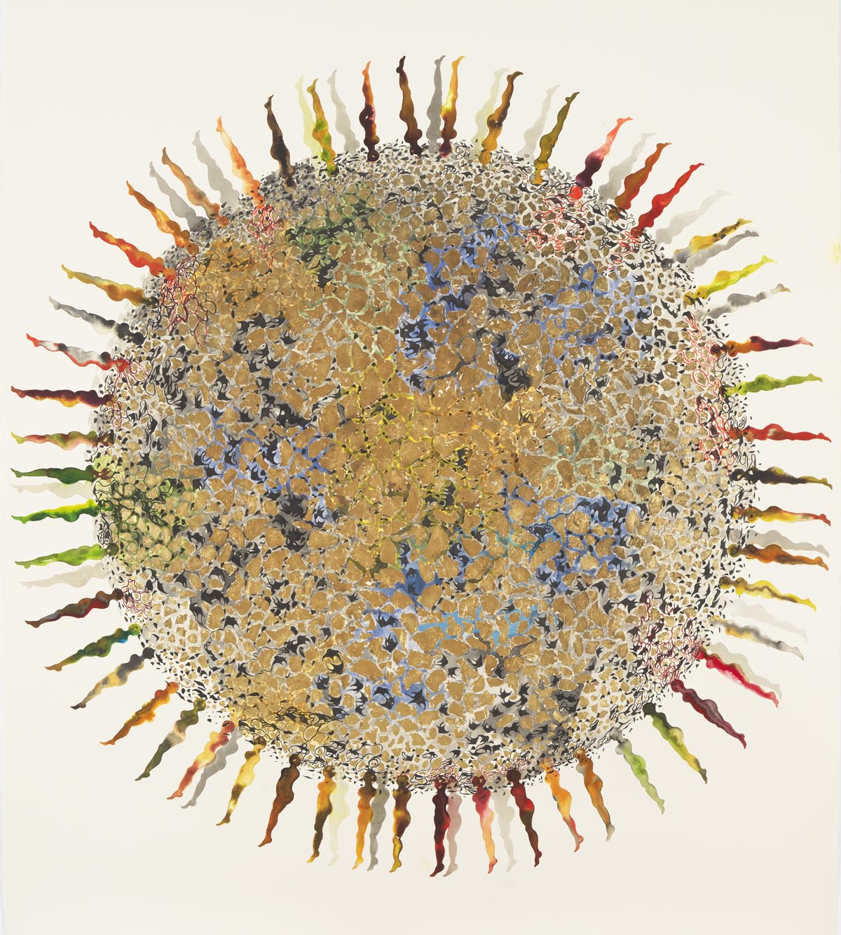 An organically textured circle with watercolor profiles of women protruding from the surface