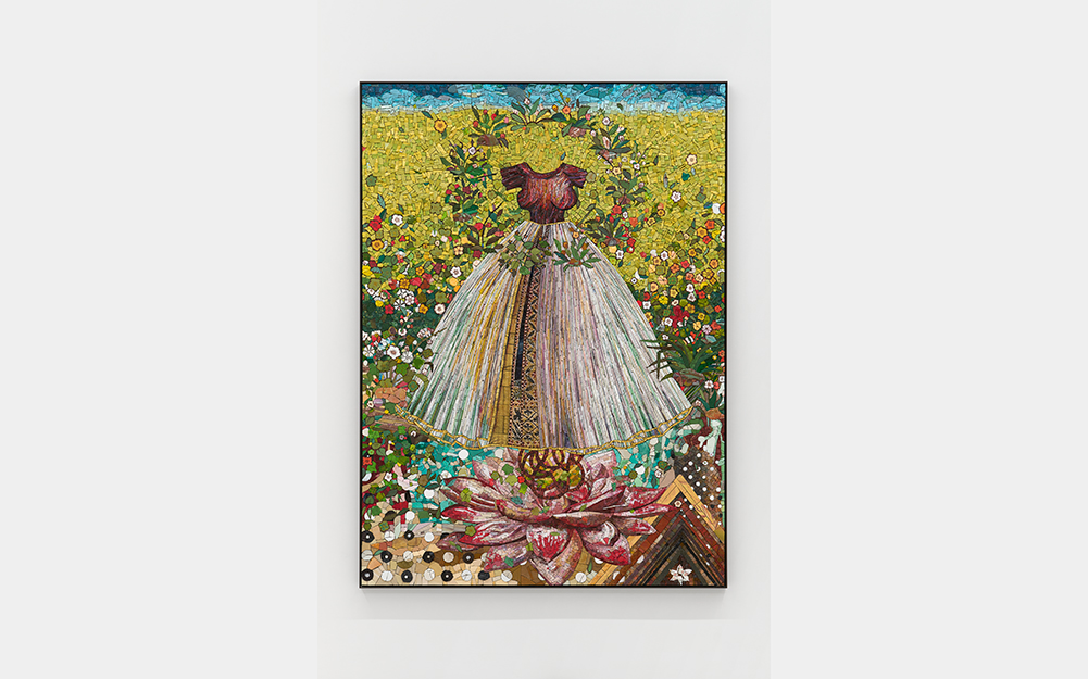 A long dress on a field of flowers