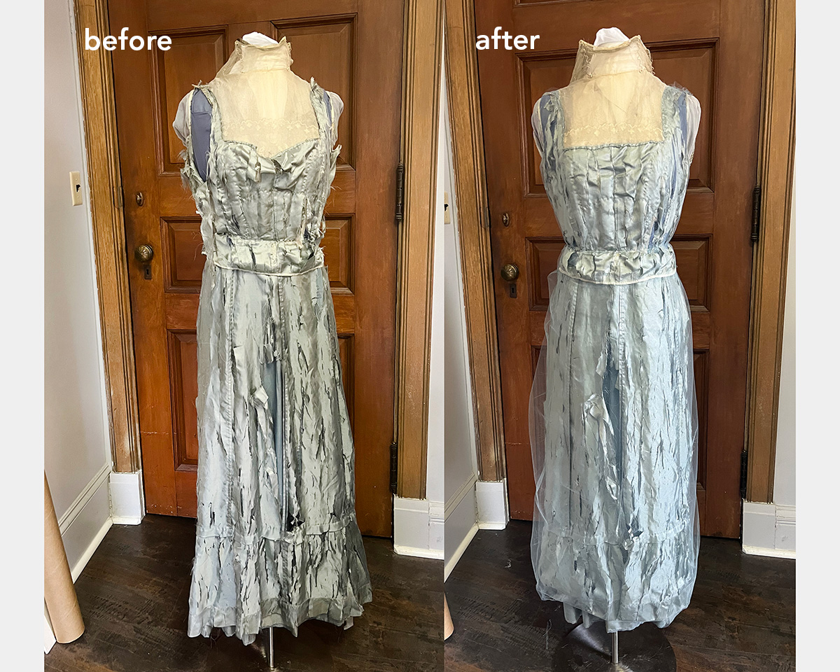 The front of a blue dress before and after conservation. On the left, the dress is tattered. On the right, it is repaired.