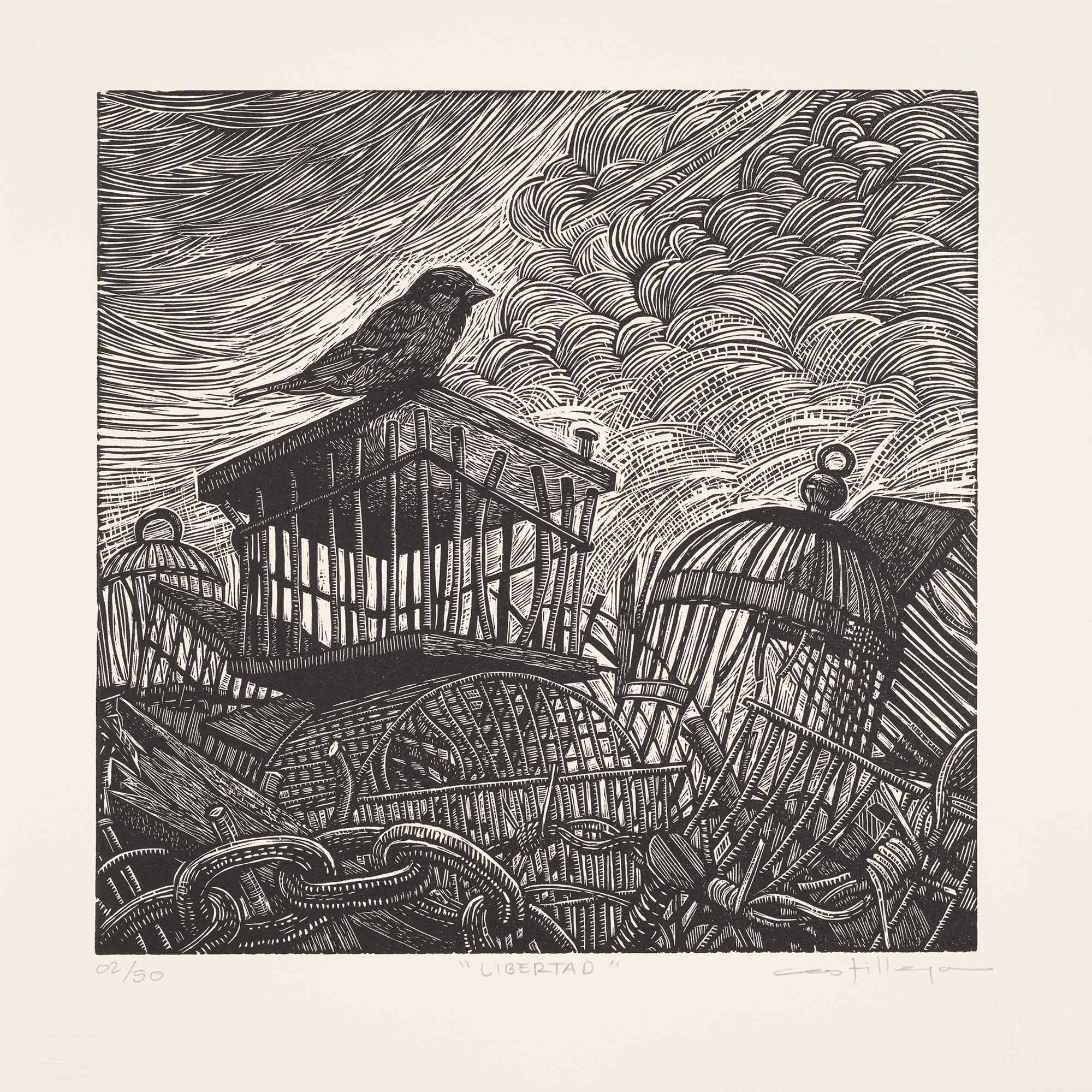 A print featuring a pile of broken cages with a bird sitting on top