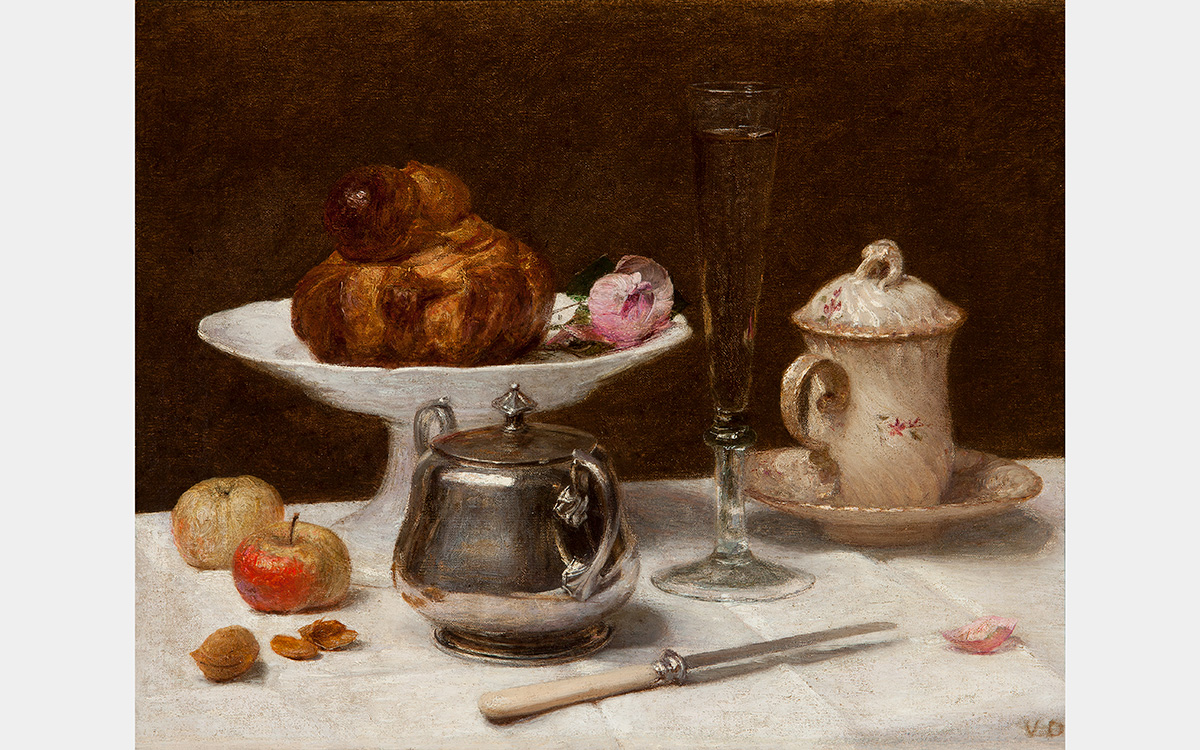 A still life painting featuring a lumpy loaf of bread on a raised pedestal and a tea setting