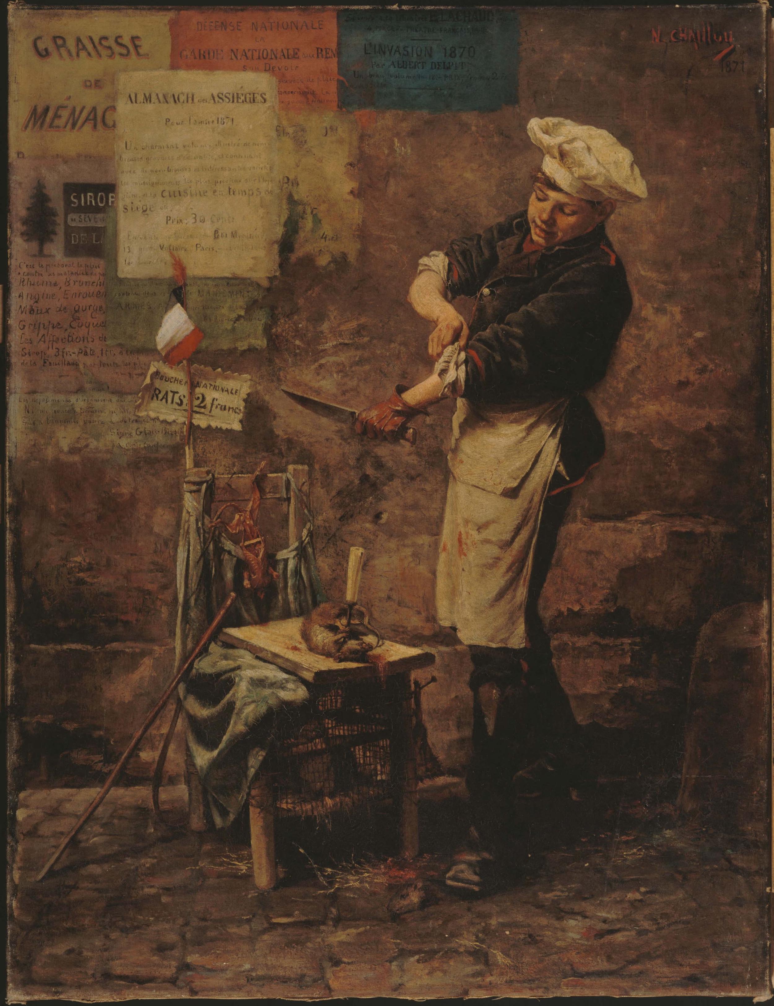 A white man holding a knife over a dead rat rolls up his sleeve