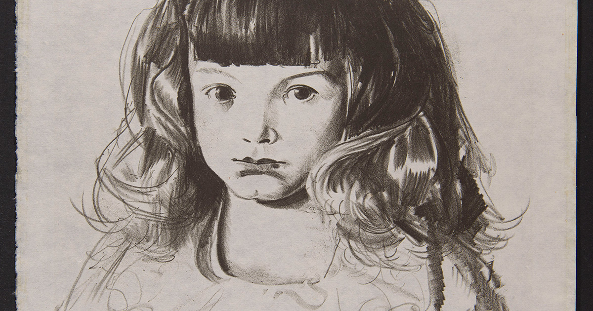 A black and white sketch of a young girl