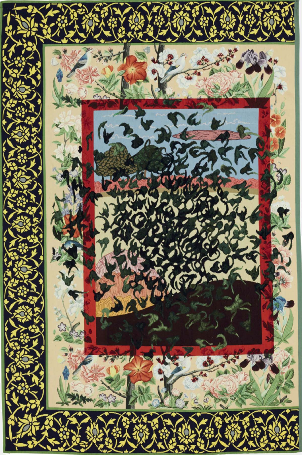 Several floral borders frame a landscape covered with dark green organic shapes