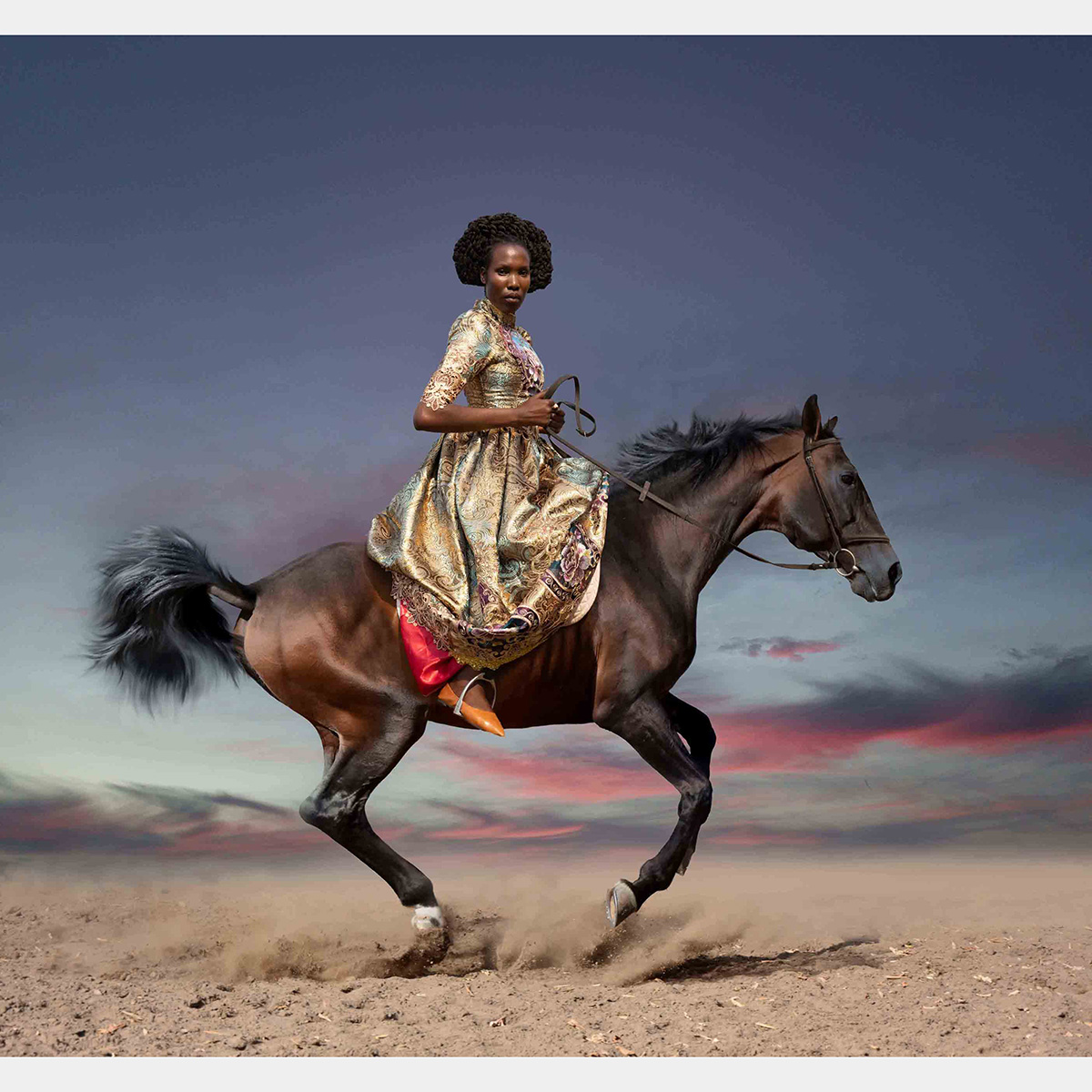 A Black woman wearing a shiny dress rides a horse