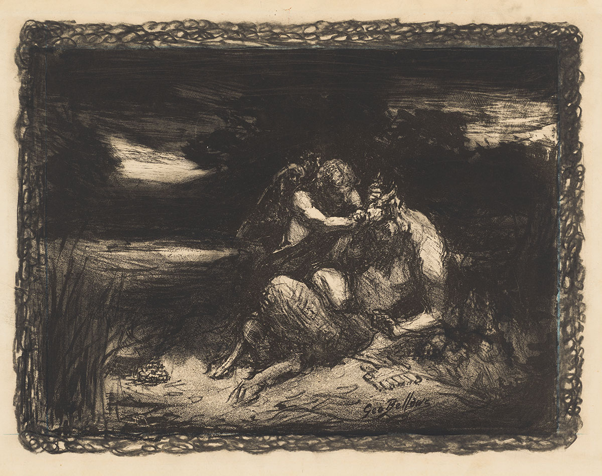 Here, framed by a border of scribbly curving lines, is a dark outdoor scene of a cupid in the guise of a young man, wrestling a satyr, a creature that is half man, half goat.