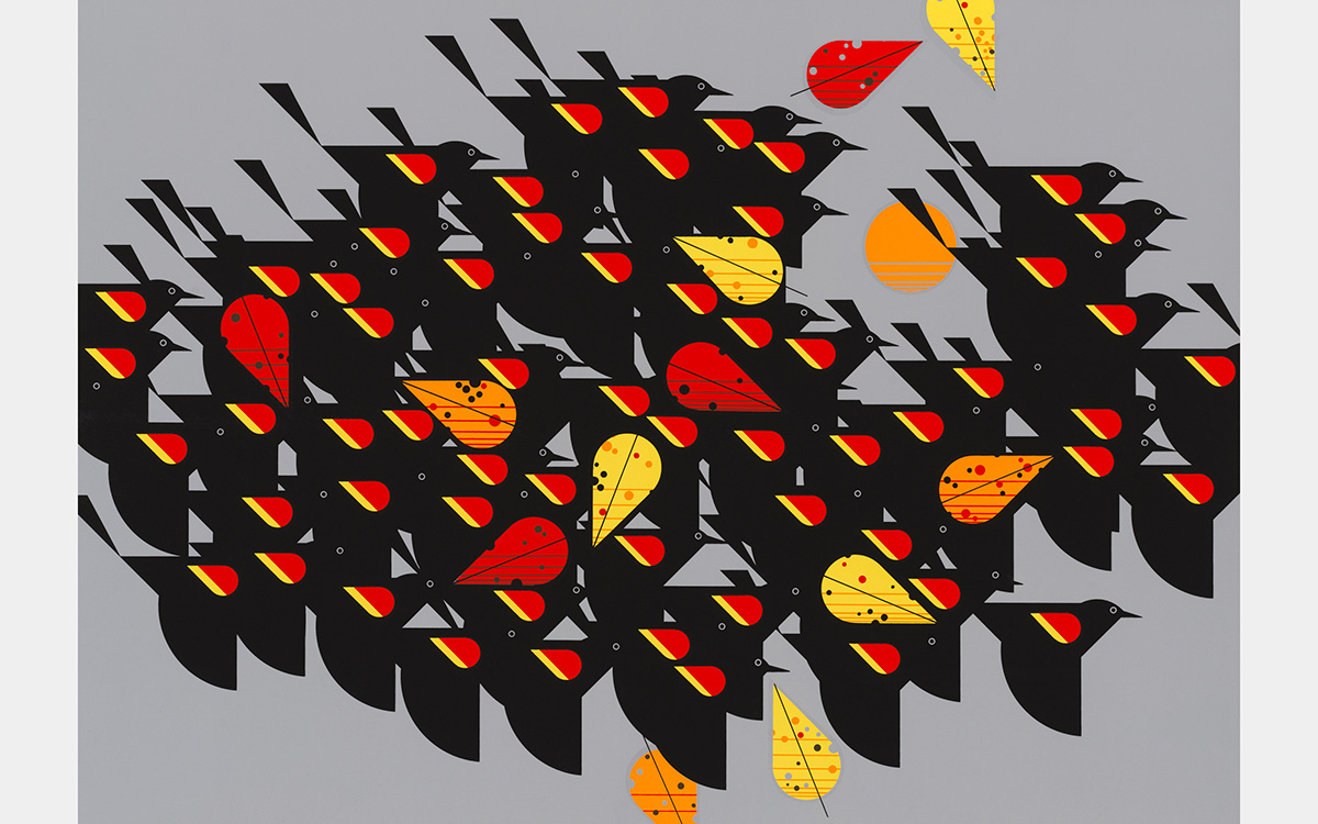 Abstracted image of a flock of red-winged black birds with fall leaves painted in shades of black, yellow, orange, and red.