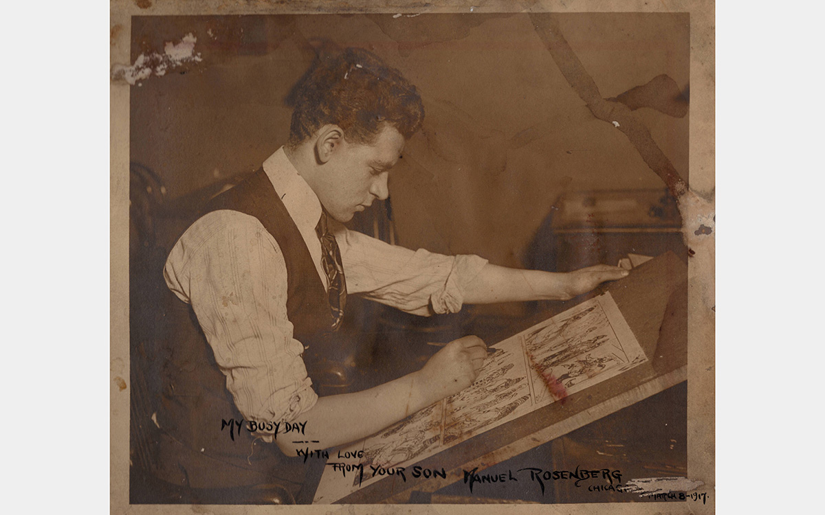 Sepia-tinted vintage photo depicting a young man in profile sketching on a drafting board.