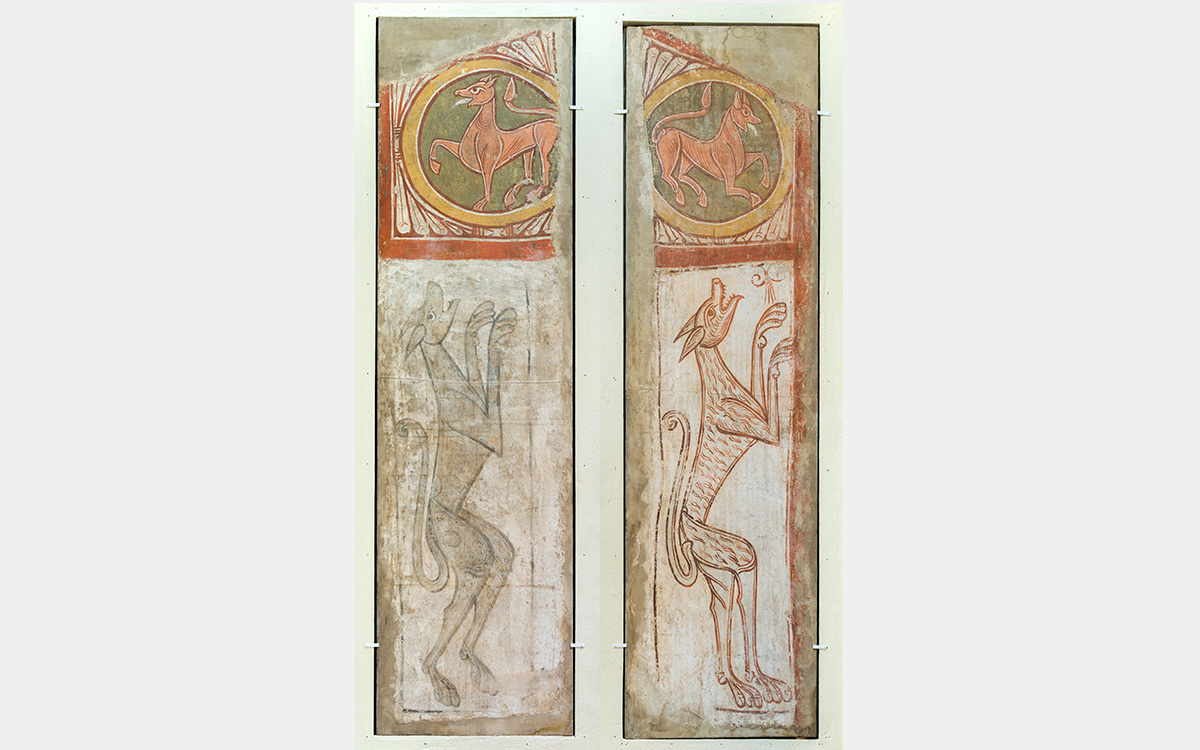 Two panels featuring depictions of wolves