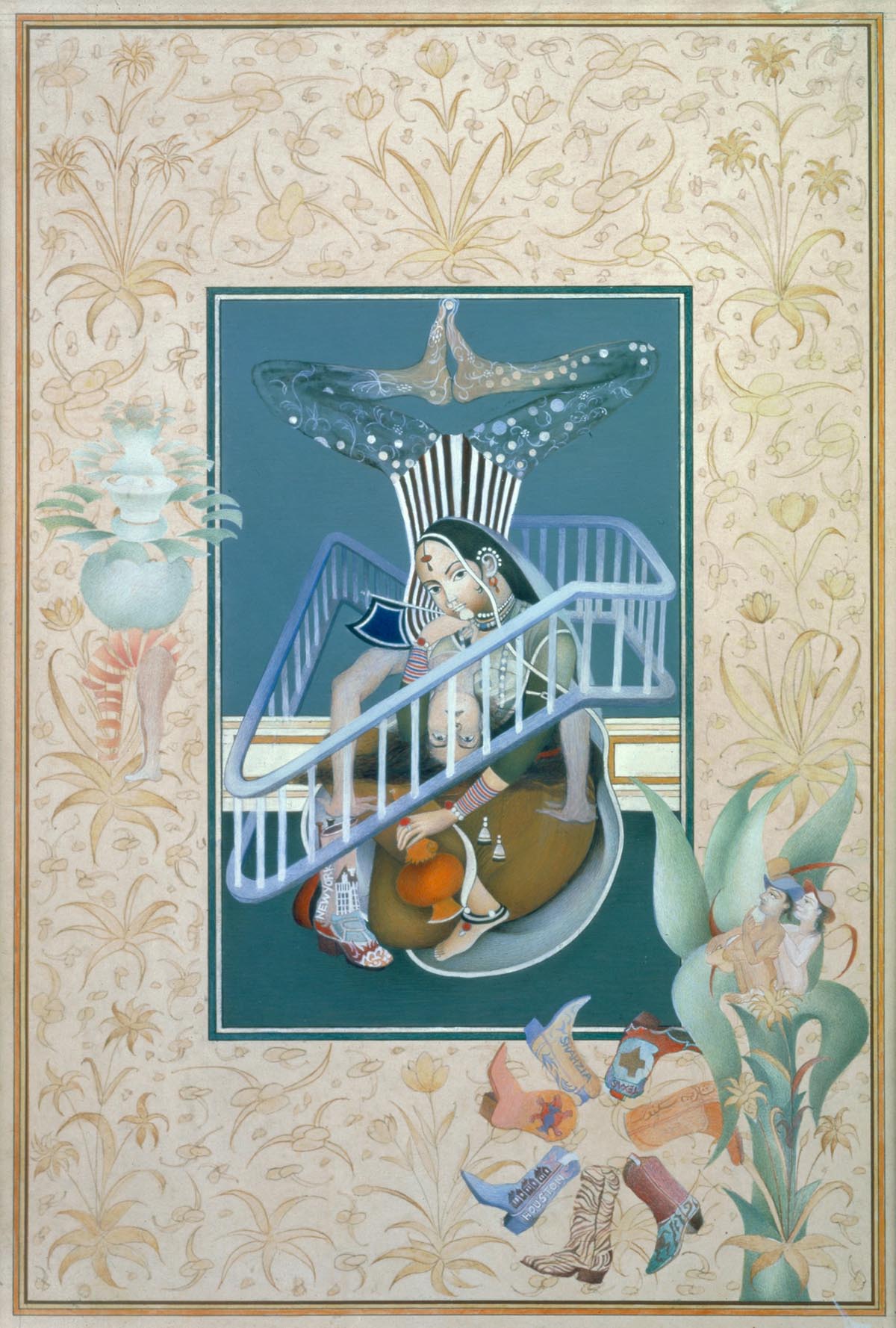 Two women in a railing design look at the viewer. The artwork has an ornate floral frame.