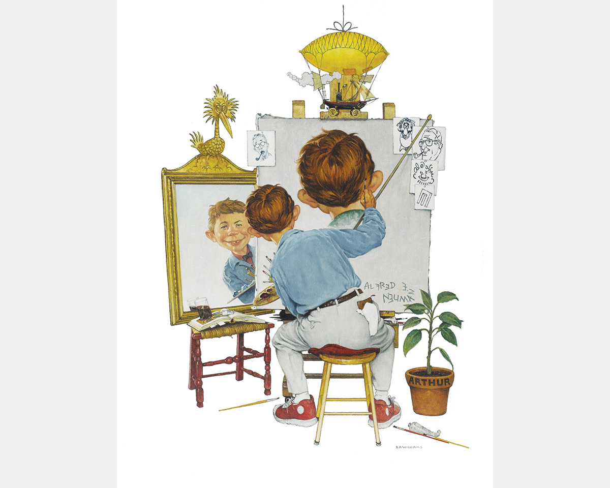 Illustration of a young white person looking in a mirror and painting a self portrait.