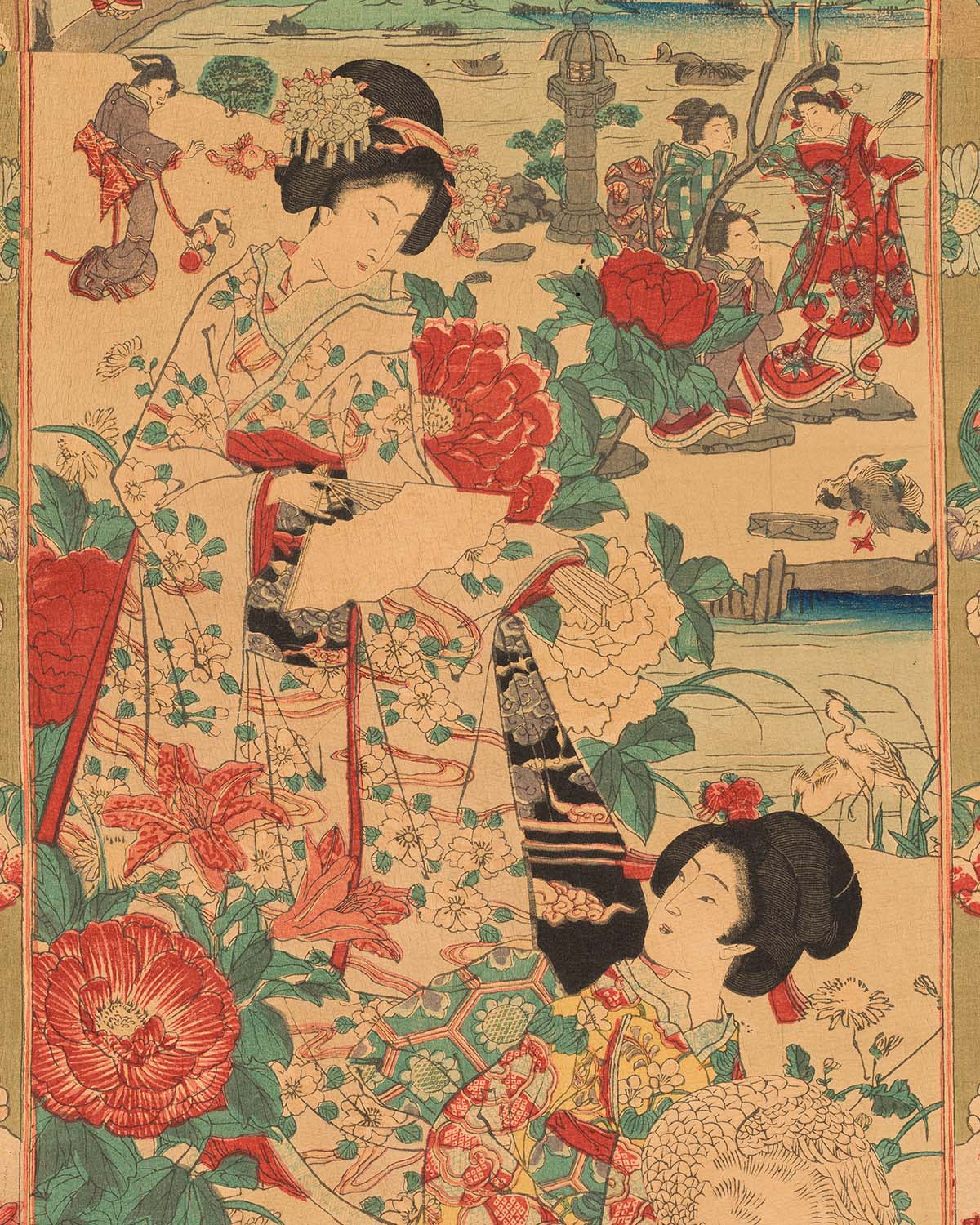 a scroll depicting two Asian people in ornate kimonos looking longingly at each other