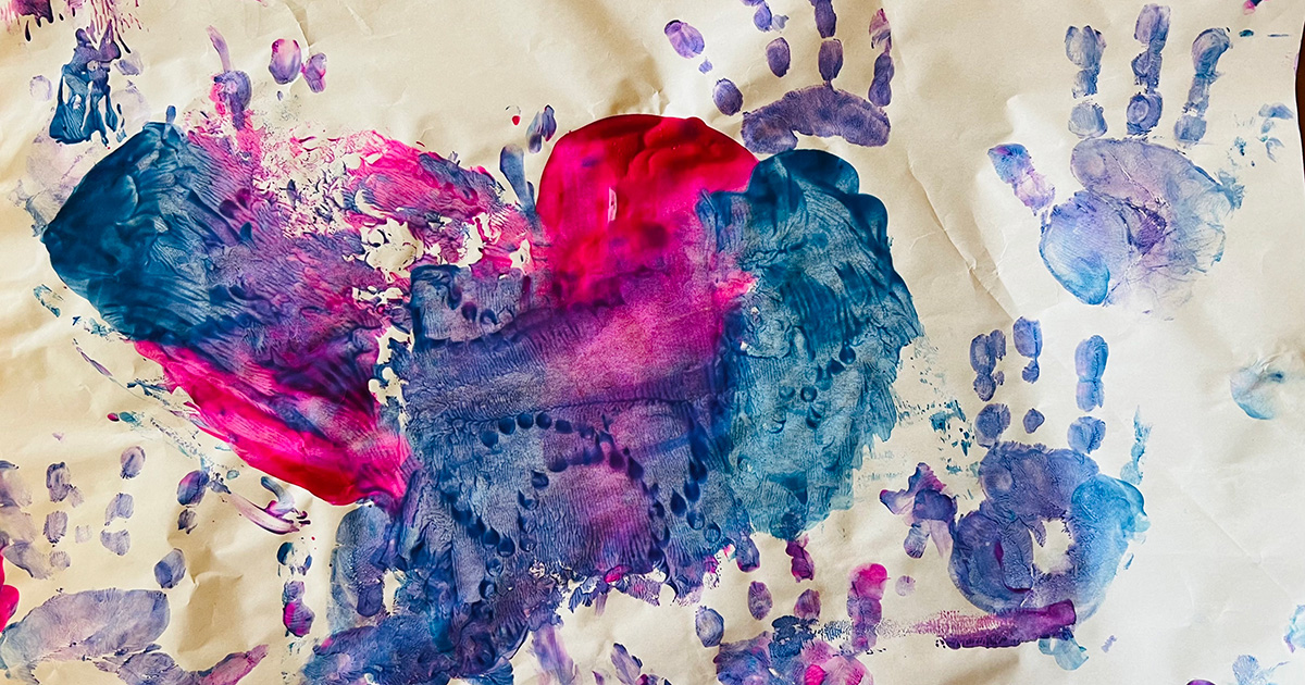 A handpainted artwork with red, blue, and purple