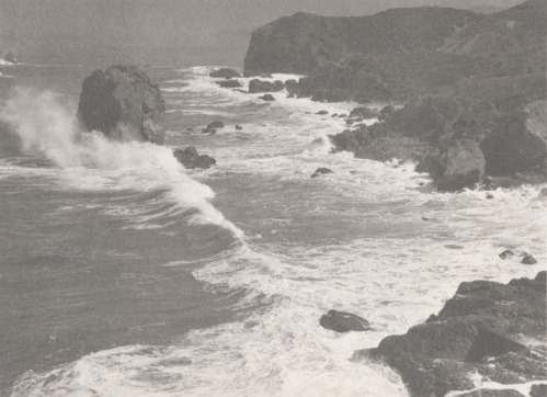 A black and white photo of rough waves crashing against a rocky shore