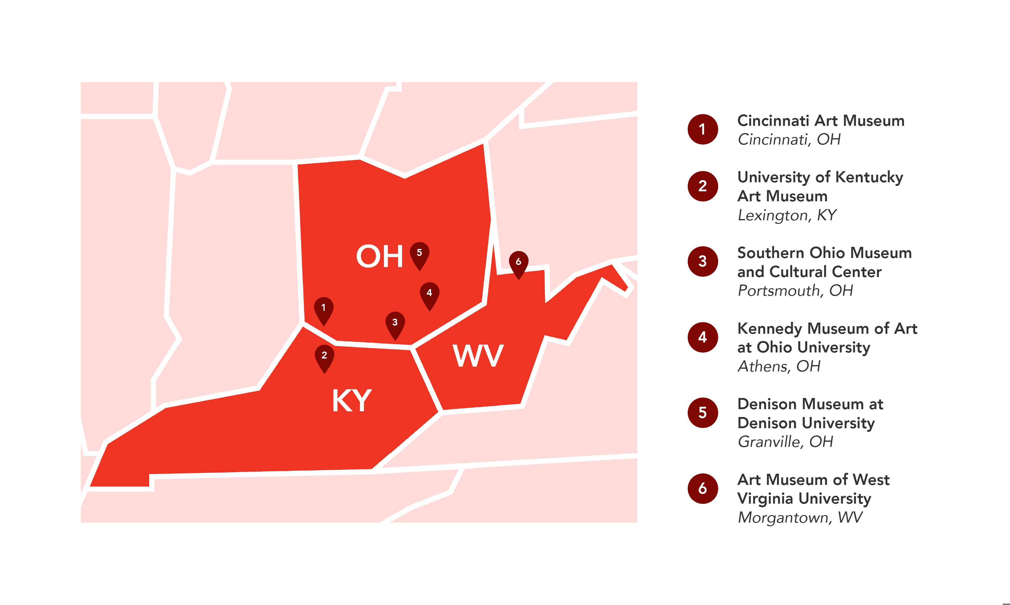 A map of Ohio, Kentucky and West Virginia, with each institution identified by a pin