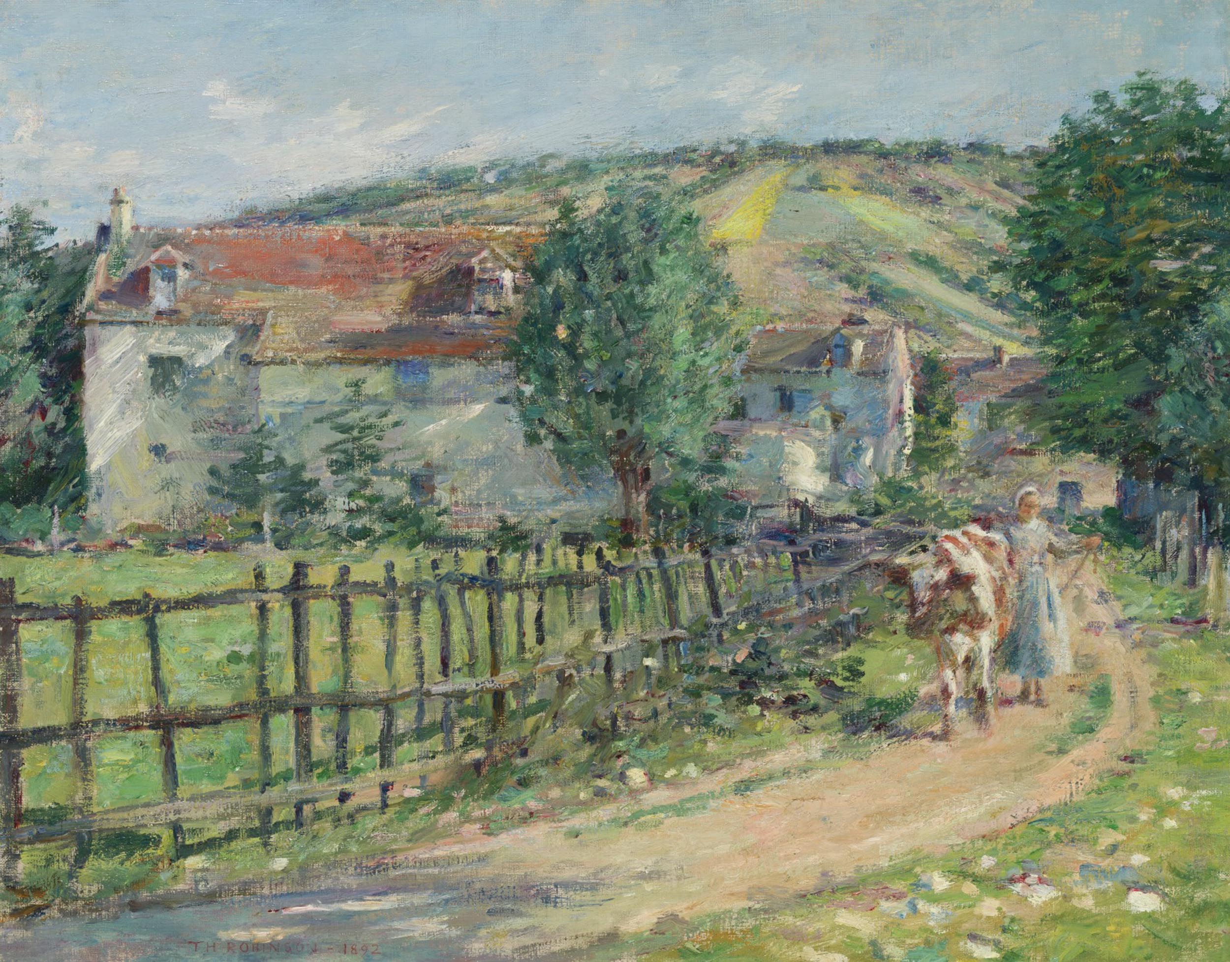 A white woman walks a cow down a curving rural road
