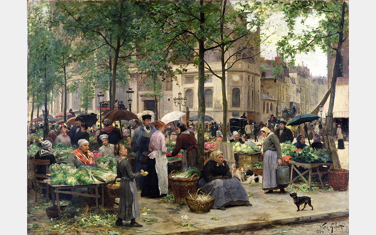 A market scene featuring people with umbrellas shopping for produce