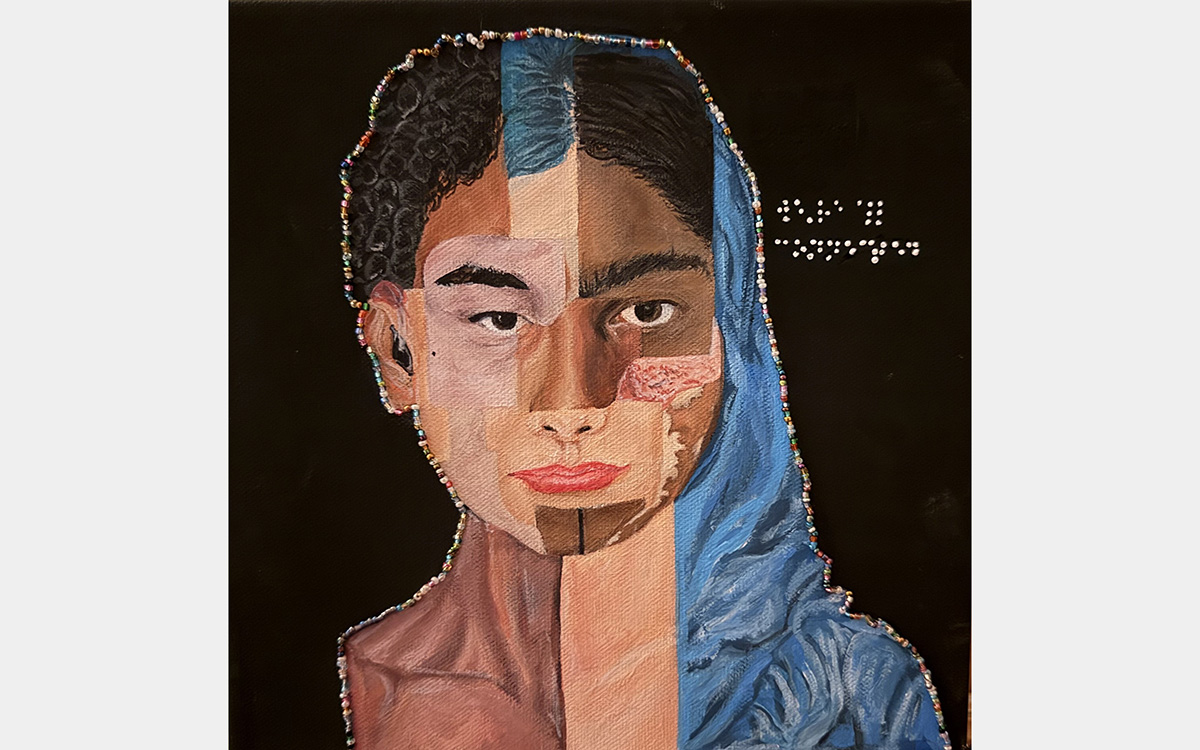 A portrait face composed of a collage of images.