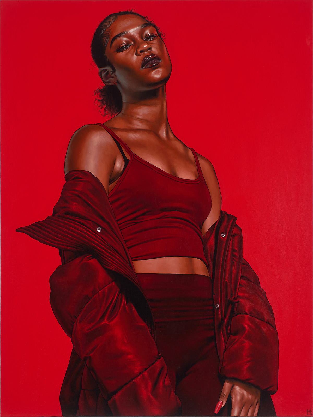 One of two paintings featuring a Black woman wearing an oversized parka. In one image, the parka is open and in the other it is closed. The background of the image and all clothing is red.