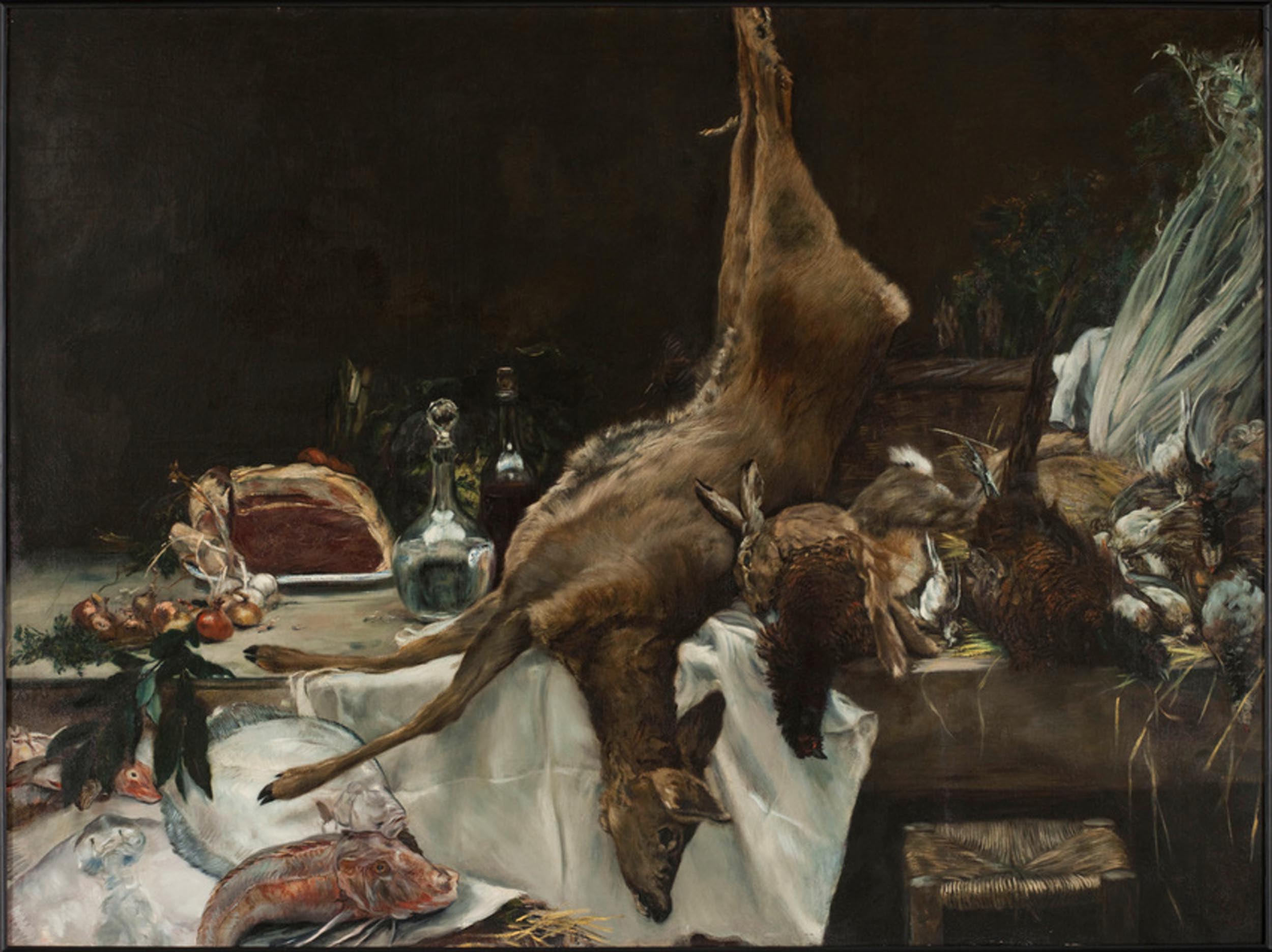 A still life featuring a hung deer, chickens, and fish.