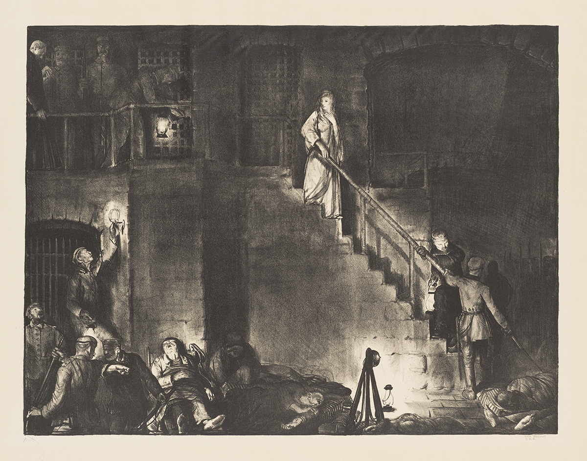  In this print, the artist captures the interior of a two-story stone block prison.