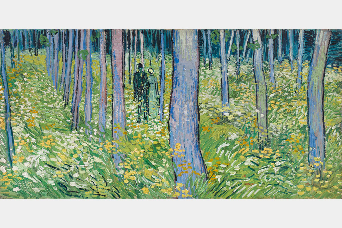 Two figures in a stand of trees with purple trunks surrounded by green vegetation and yellow flowers.
