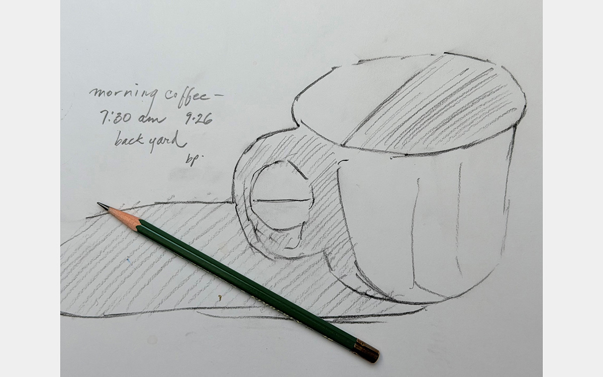 A sketch of a coffee cup with notations and green pencil