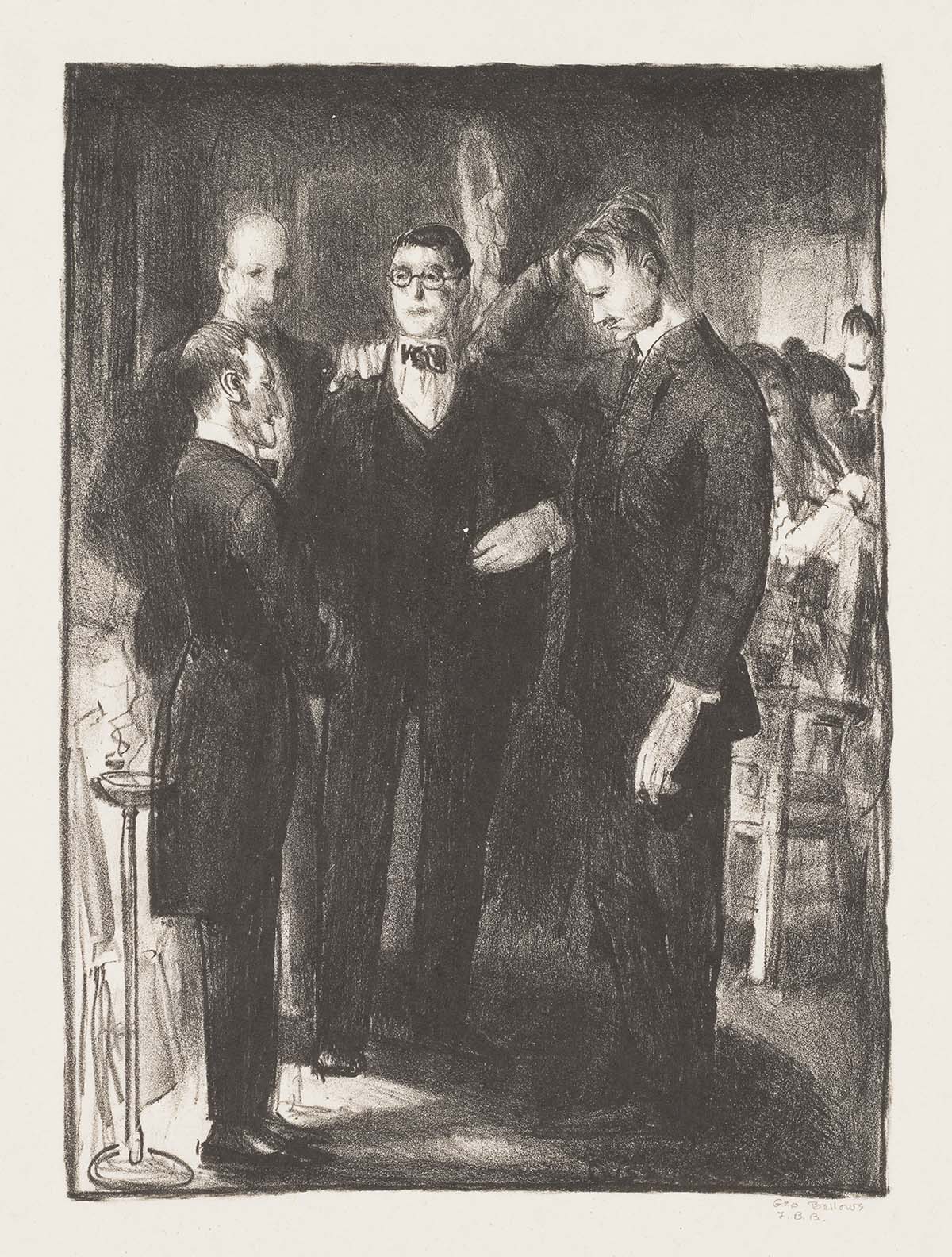 The vertically oriented lithograph Four Friends captures the artists Leon Kroll, George Bellows, Eugene Speicher, and Robert Henri. 