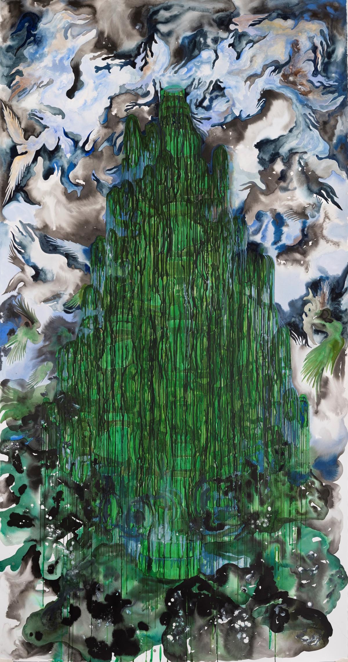 A green, tree-like figure with long, dangling dark lines and an angelic background in blues and greys